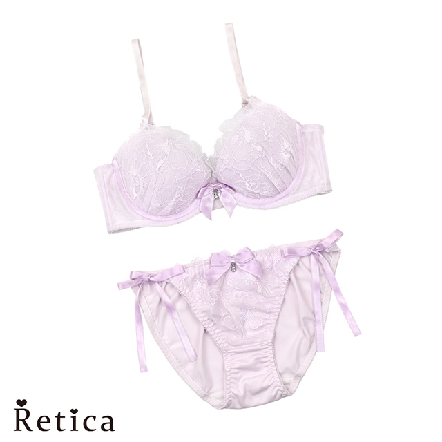 チャーム付きサテンリボン花レースブラジャー&ショーツセットのメイン画像
