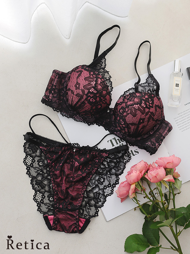 ピンク×ブラックフラワーレース脇高カップブラジャー＆ショーツ2点セットのメイン画像