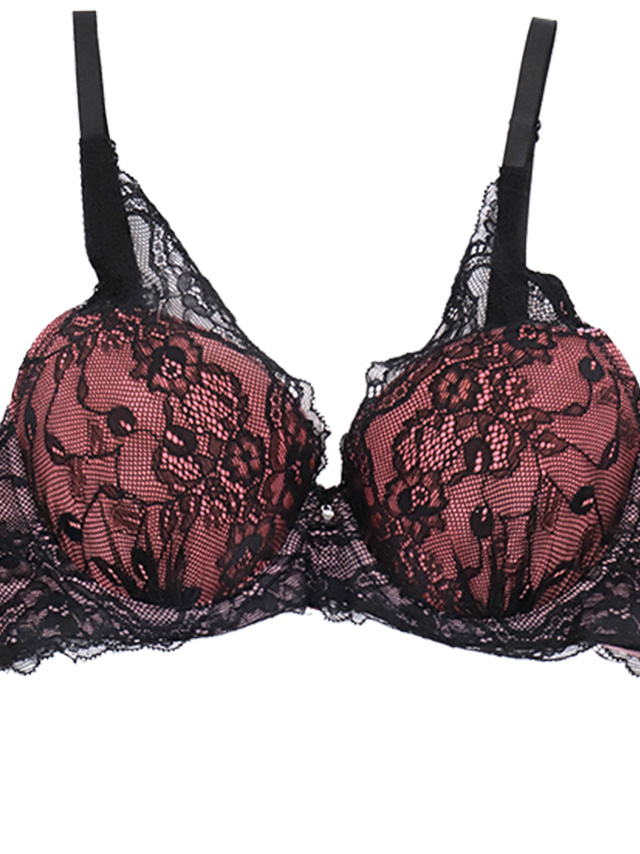ピンク×ブラックフラワーレース脇高カップブラジャー＆ショーツ2点セットのディティール画像3