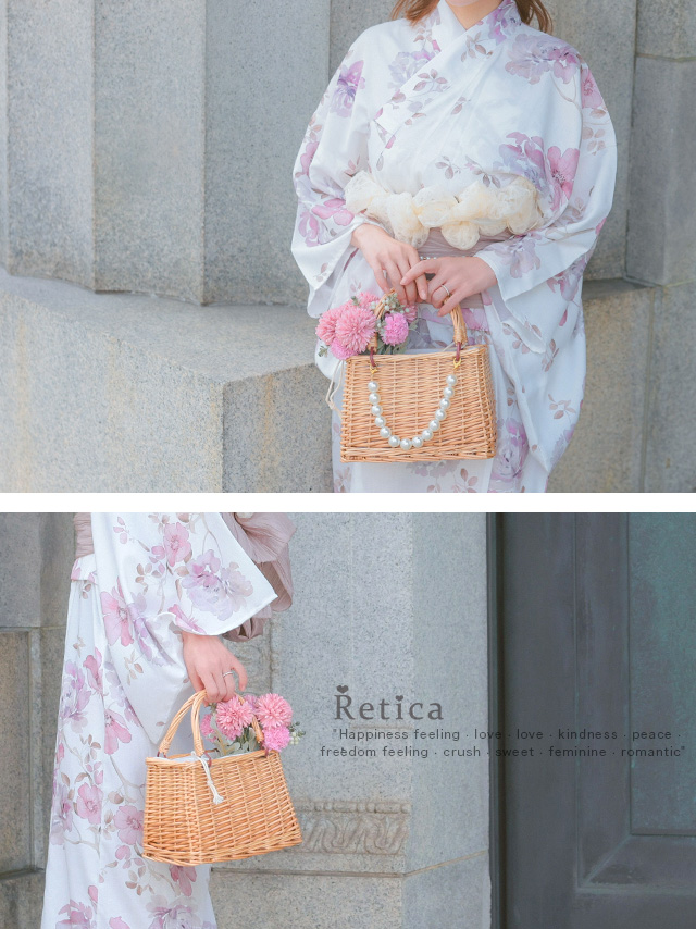 ドット柄スカーフハンドル×パールチャームスクエアかごバッグのメイン画像