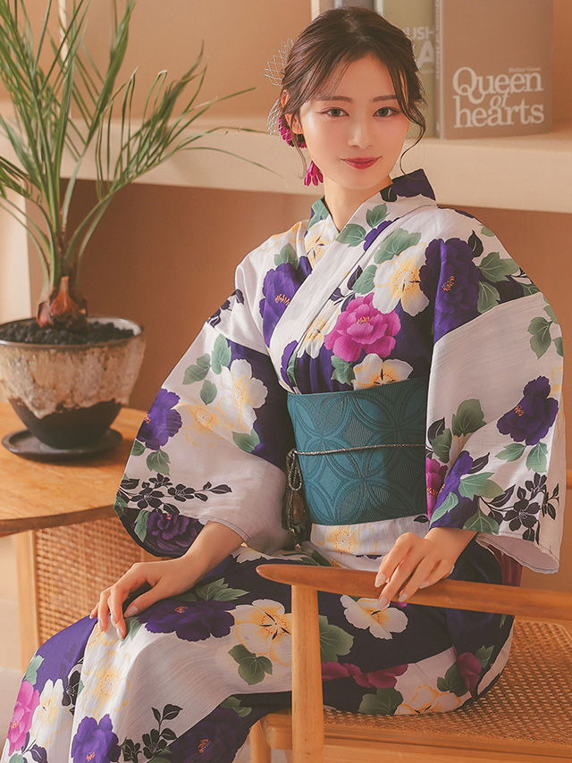 白地3色花柄レディース浴衣3点セットのイメージ画像4