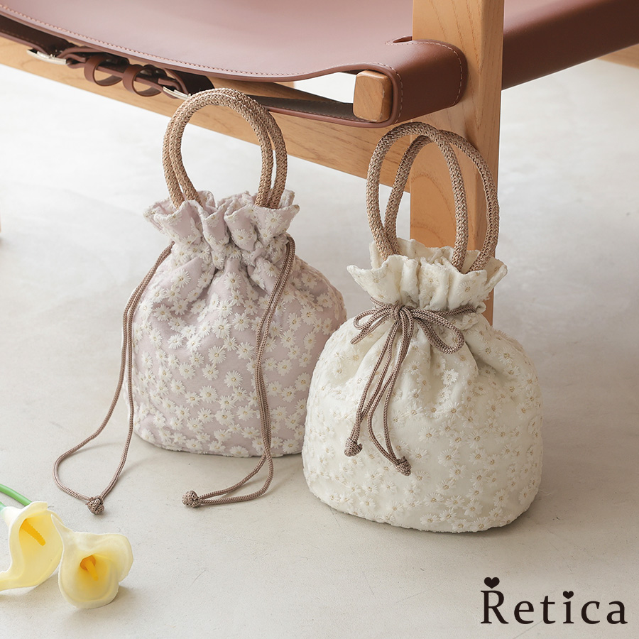 デイジー花刺繍柄巾着バッグのメイン画像