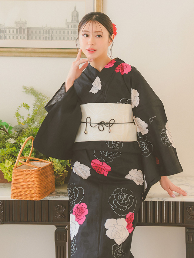 クールな黒地に艶やかローズゆかた3点セットのイメージ画像3