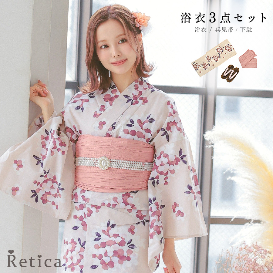 山桜柄フェミニンクリーム上品ゆかた3点セットのメイン画像