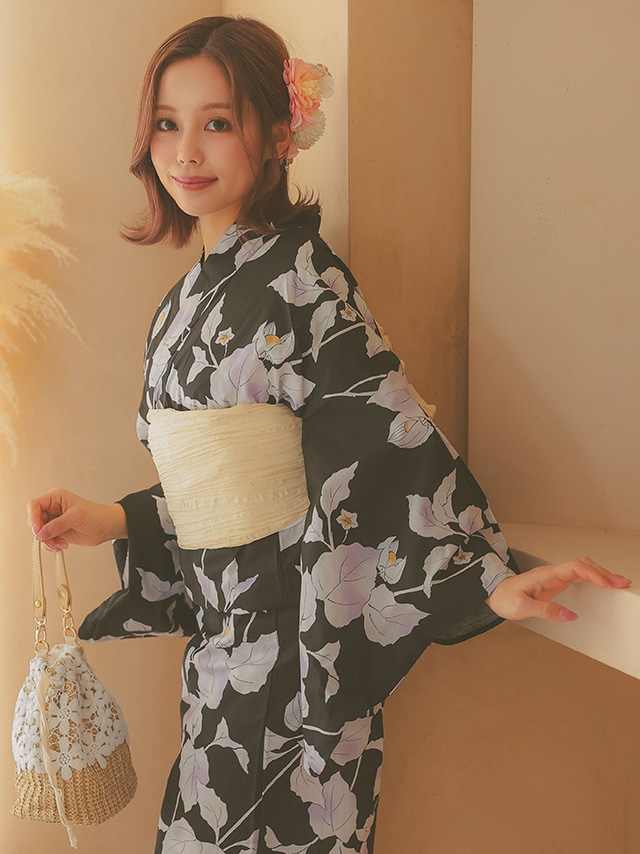 レトロガーリー黒地に儚い鬼灯リーフゆかた3点セットのイメージ画像3