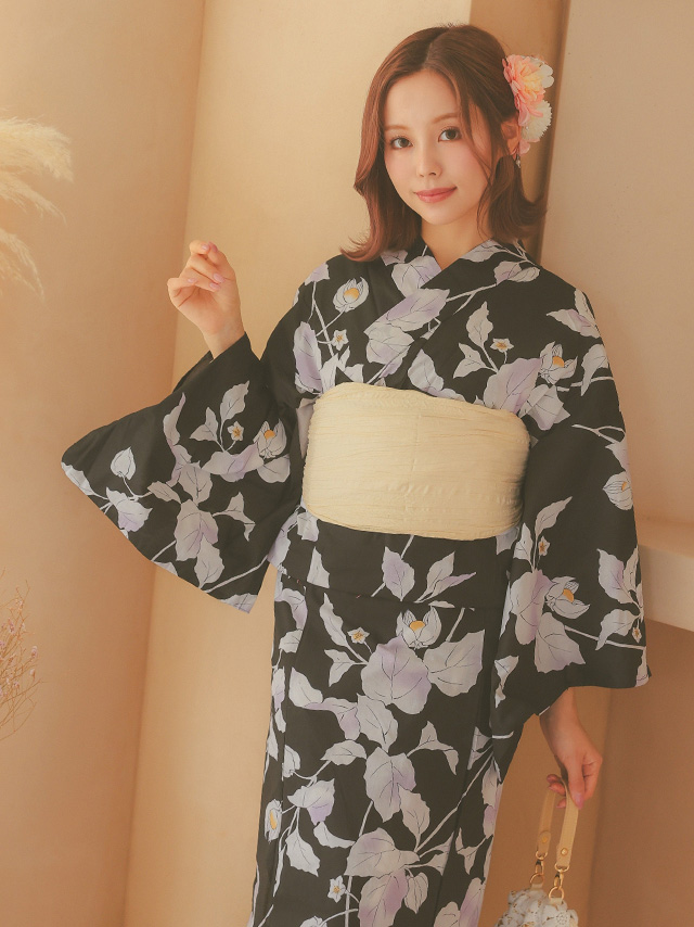 レトロガーリー黒地に儚い鬼灯リーフゆかた3点セットのイメージ画像4