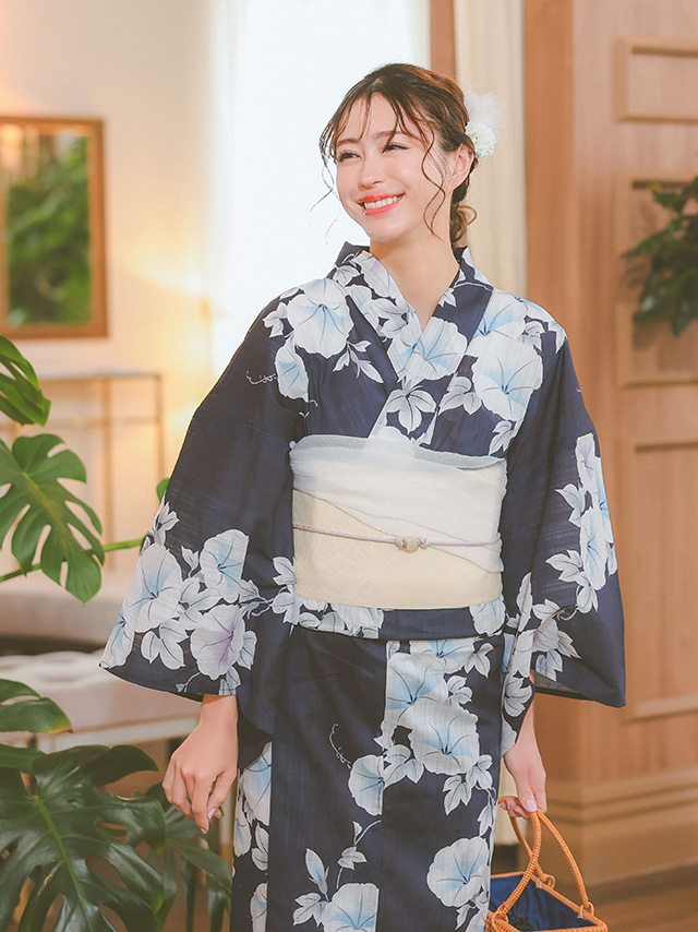 紺地に朝顔柄の上品涼しげレディース浴衣3点セットのイメージ画像1
