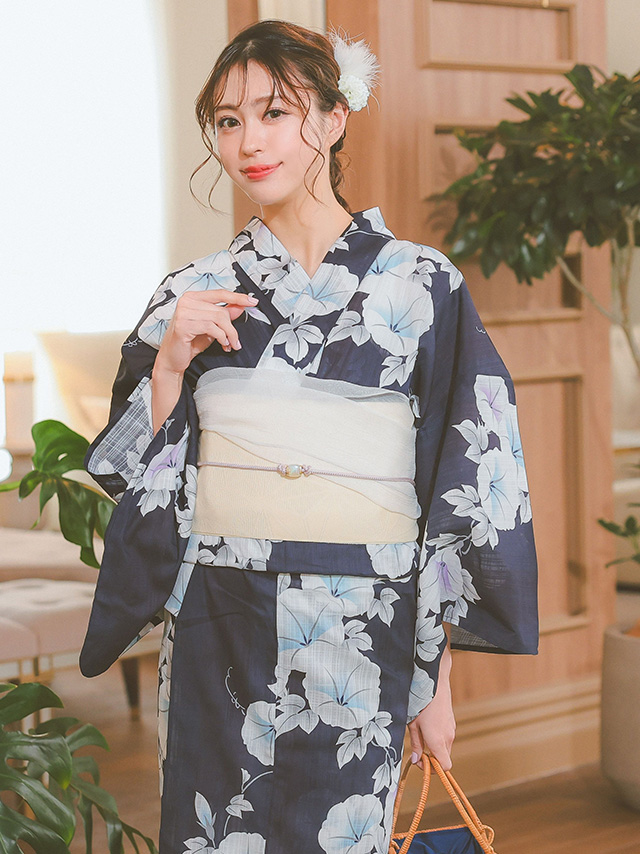 紺地に朝顔柄の上品涼しげレディース浴衣3点セットのイメージ画像5