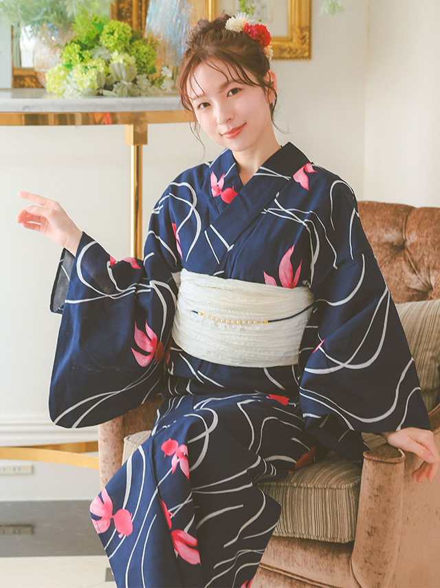 流水紋×赤金魚柄紺生地レトロ風レディース浴衣のイメージ画像4