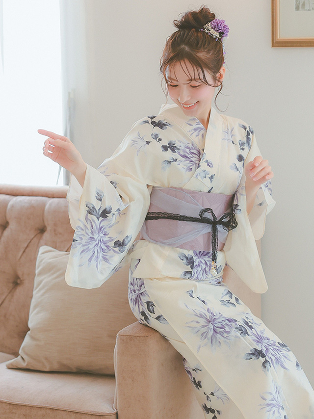 薄紫菊模様クリーム色生地レディース浴衣3点セットのイメージ画像3