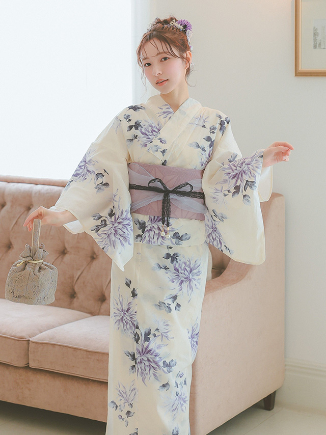 薄紫菊模様クリーム色生地レディース浴衣3点セットのイメージ画像5