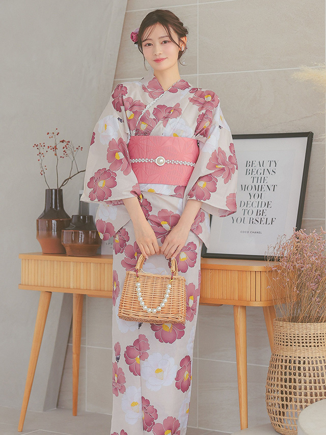 ふんわり上品ニュアンスベージュ地×華やか椿 浴衣3点セットのイメージ画像6