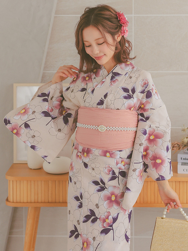 儚げクリームカラーに濃い椿ゆかた3点セットのイメージ画像3