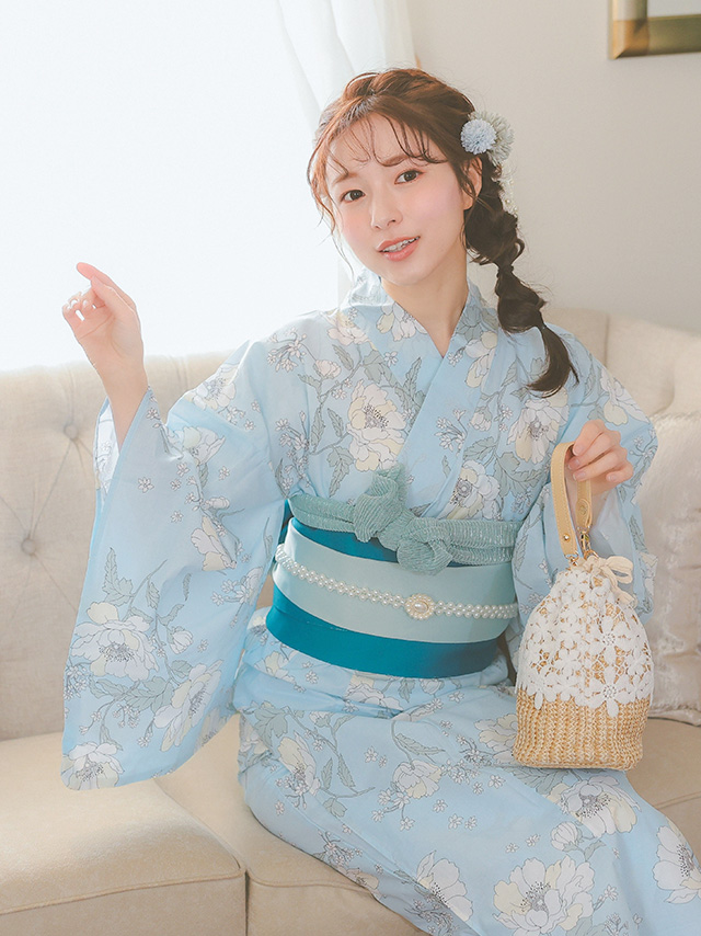 パステルブルーにピュア牡丹ゆかた3点セットのイメージ画像2