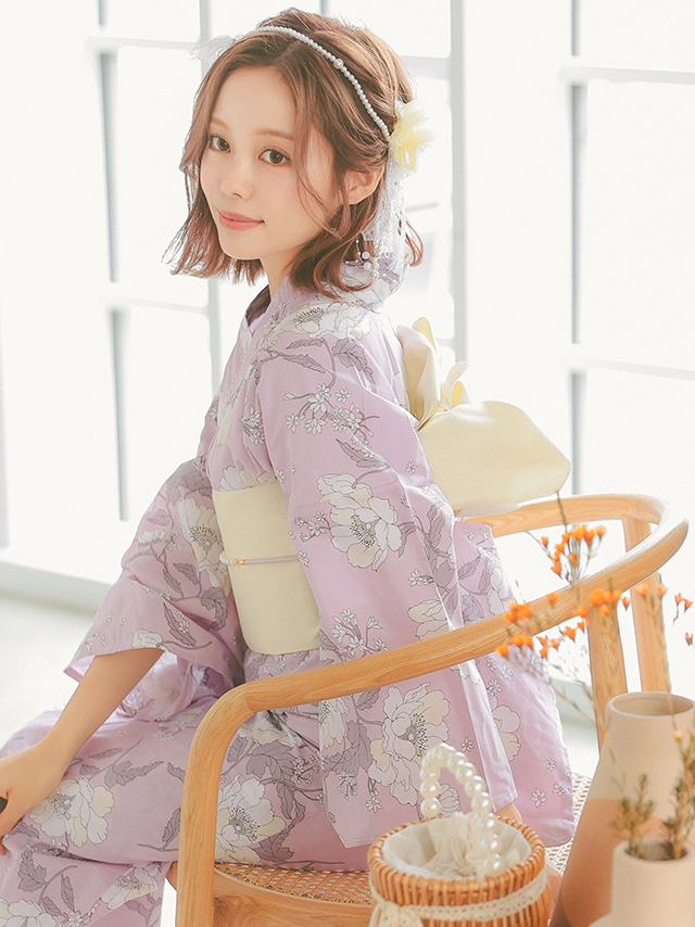 Tika ワンピース浴衣3点セット　線画フラワー ピンク 線画フラワー柄浴衣3点セット ガーリー浴衣 sweet浴衣[品番