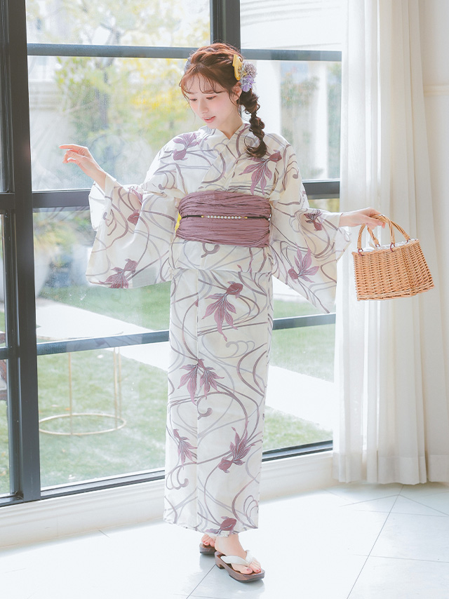 くすみピンク流水金魚柄生成地大人可愛い3点セットレディース浴衣のイメージ画像1