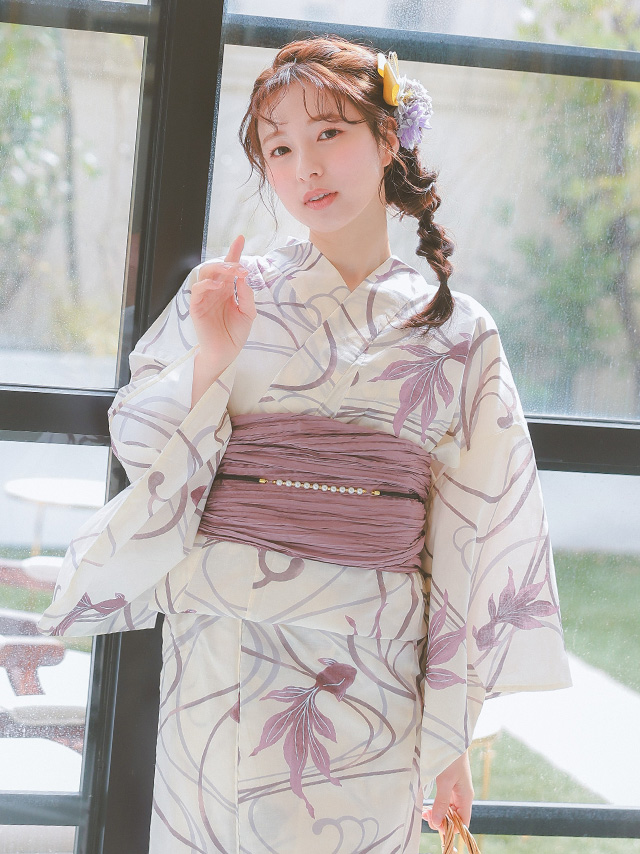 くすみピンク流水金魚柄生成地大人可愛い3点セットレディース浴衣のイメージ画像4