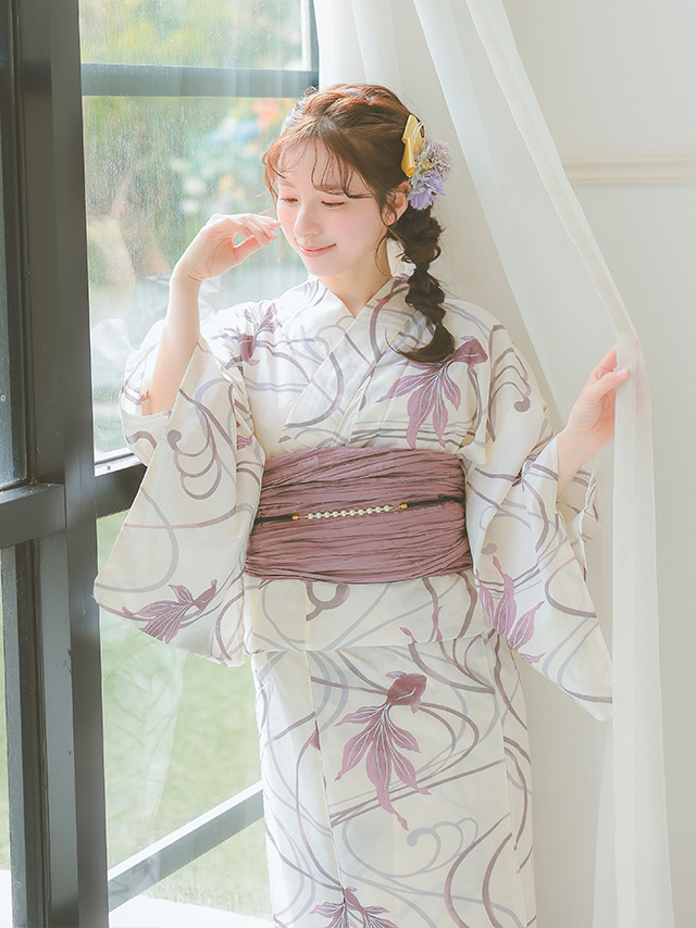 くすみピンク流水金魚柄生成地大人可愛い3点セットレディース浴衣のイメージ画像5