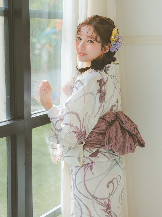 くすみピンク流水金魚柄生成地大人可愛い3点セットレディース浴衣のイメージ画像7