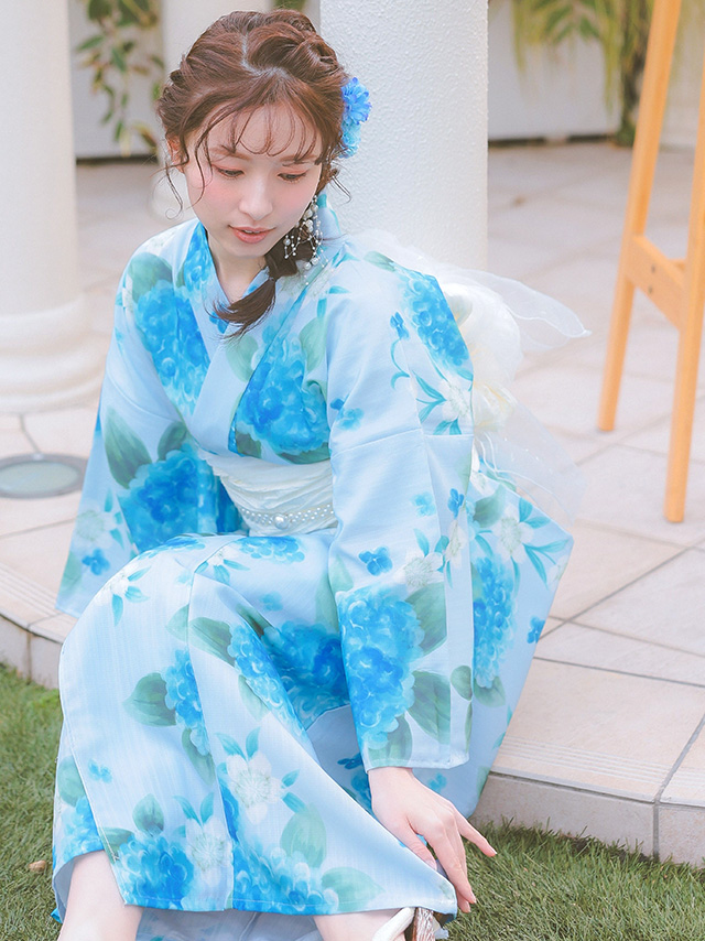 水彩紫陽花模様ペールブルー生地3点セットレディースワンピース浴衣のイメージ画像1