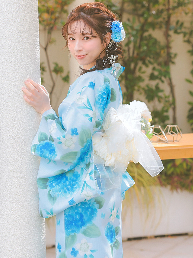 水彩紫陽花模様ペールブルー生地3点セットレディースワンピース浴衣のイメージ画像2