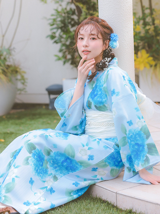 水彩紫陽花模様ペールブルー生地3点セットレディースワンピース浴衣のイメージ画像3