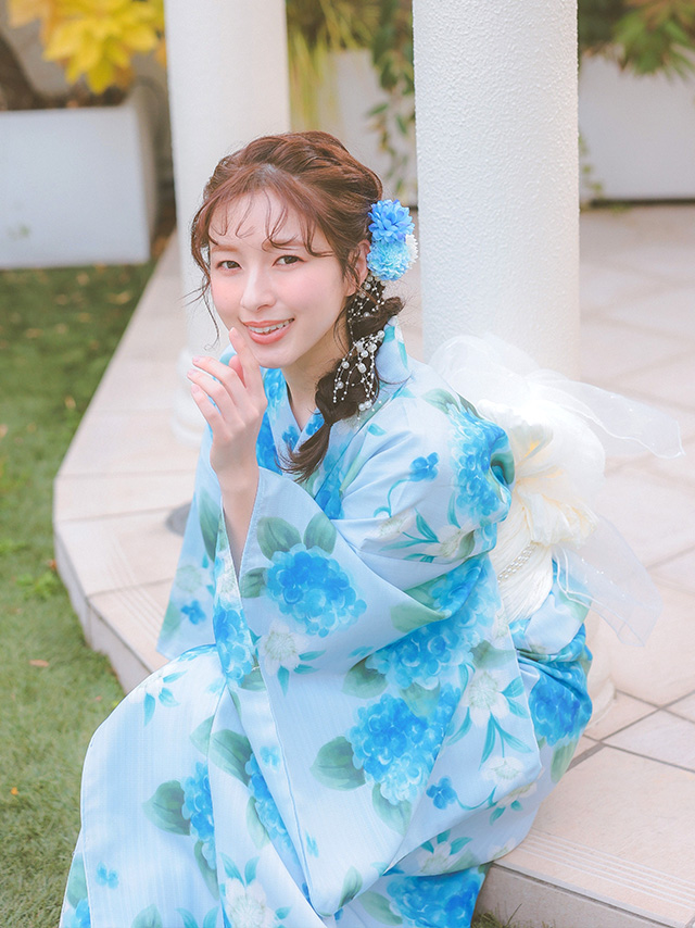 水彩紫陽花模様ペールブルー生地3点セットレディースワンピース浴衣のイメージ画像4