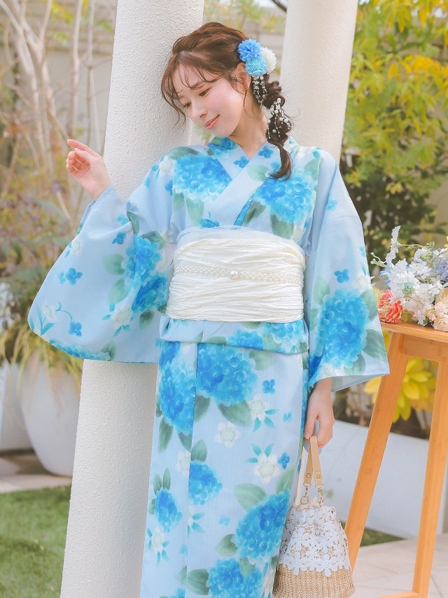 水彩紫陽花模様ペールブルー生地3点セットレディースワンピース浴衣のイメージ画像5