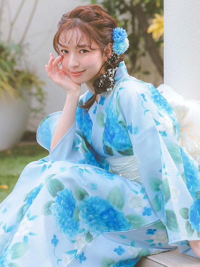 水彩紫陽花模様ペールブルー生地3点セットレディースワンピース浴衣のイメージ画像5