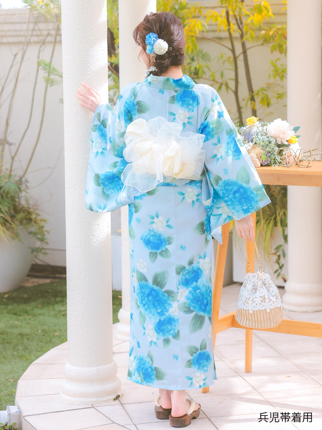 水彩紫陽花模様ペールブルー生地3点セットレディースワンピース浴衣のサイドバッグ全身