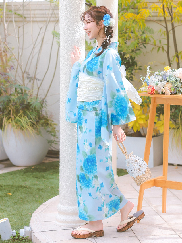 水彩紫陽花模様ペールブルー生地3点セットレディースワンピース浴衣のサイドバッグ全身
