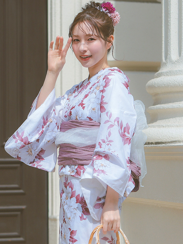 白地牡丹柄ガーリーレディース浴衣3点セットのイメージ画像5