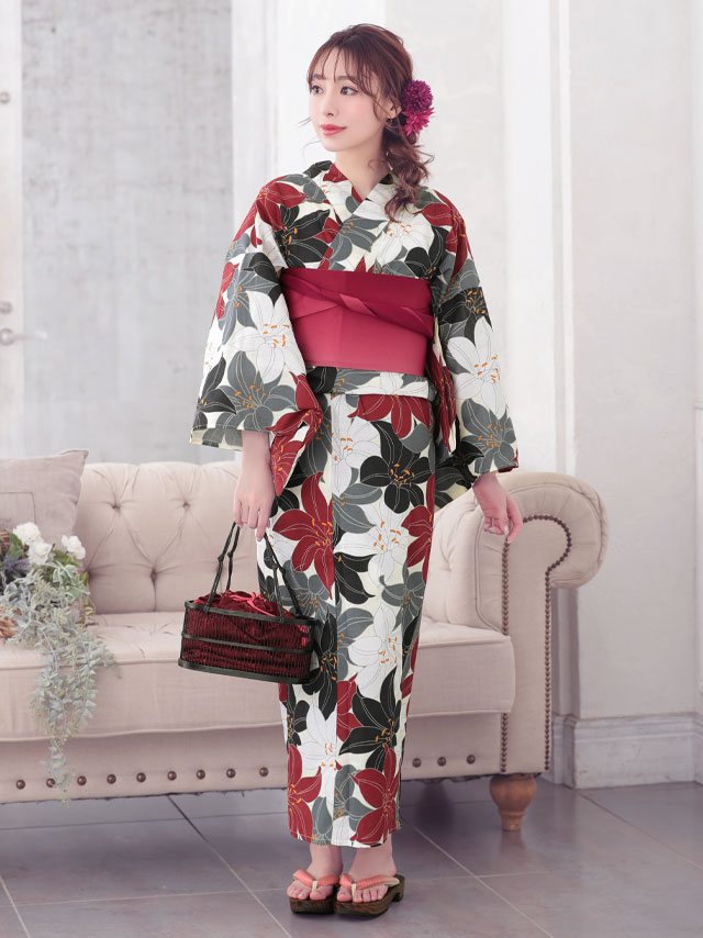 大人レトロな華やか百合柄 浴衣2点セットのフロント画像