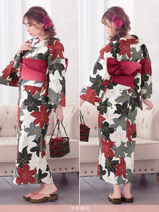 大人レトロな華やか百合柄 浴衣2点セットのサイドバック画像