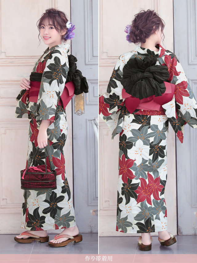 大人レトロな華やか百合柄 浴衣2点セットのサイドバック画像
