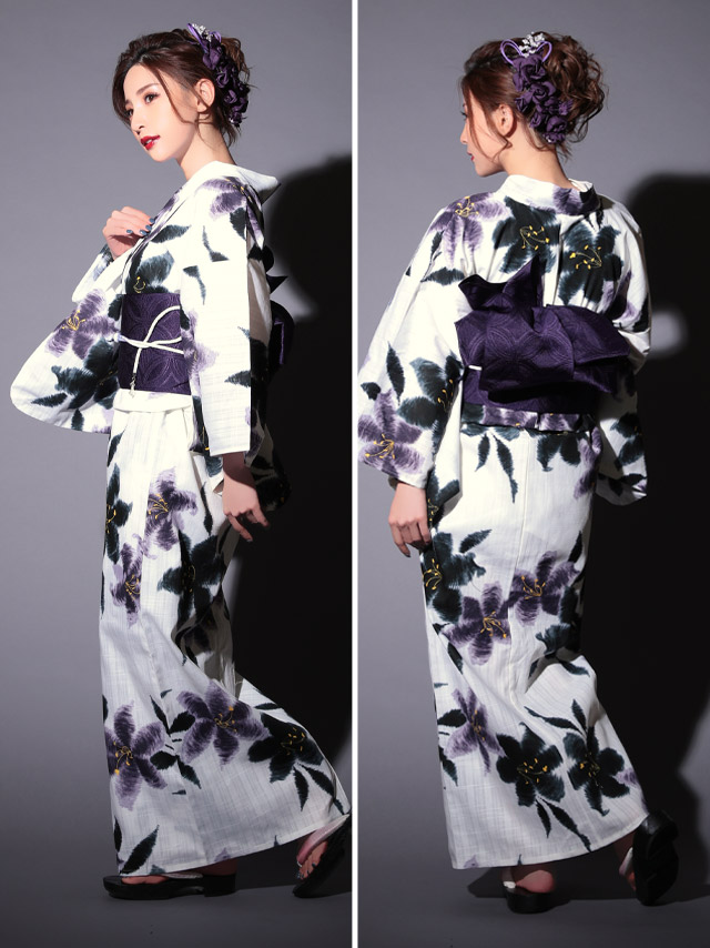 水彩百合の粋な白地浴衣 浴衣2点セットのサイドバック画像