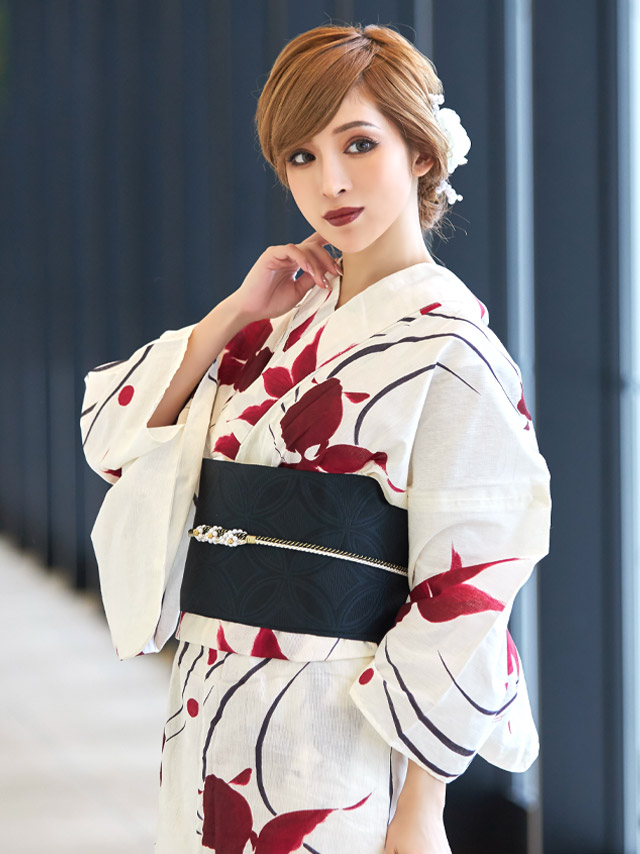 流水紋と水彩金魚柄 クリーム地浴衣 浴衣2点セットのイメージ画像1