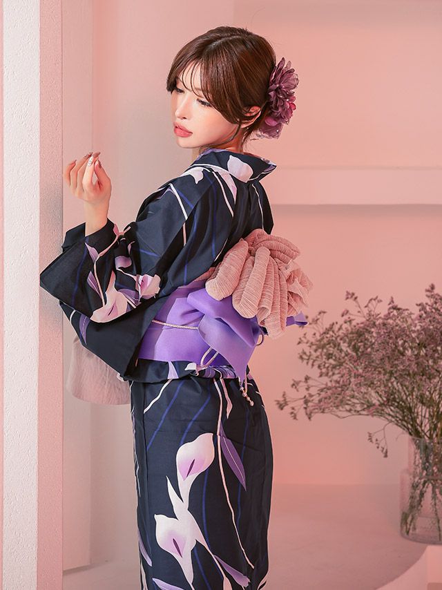 しっとり菖蒲の花 粋な大人の濃紺生地 大人の3点セット