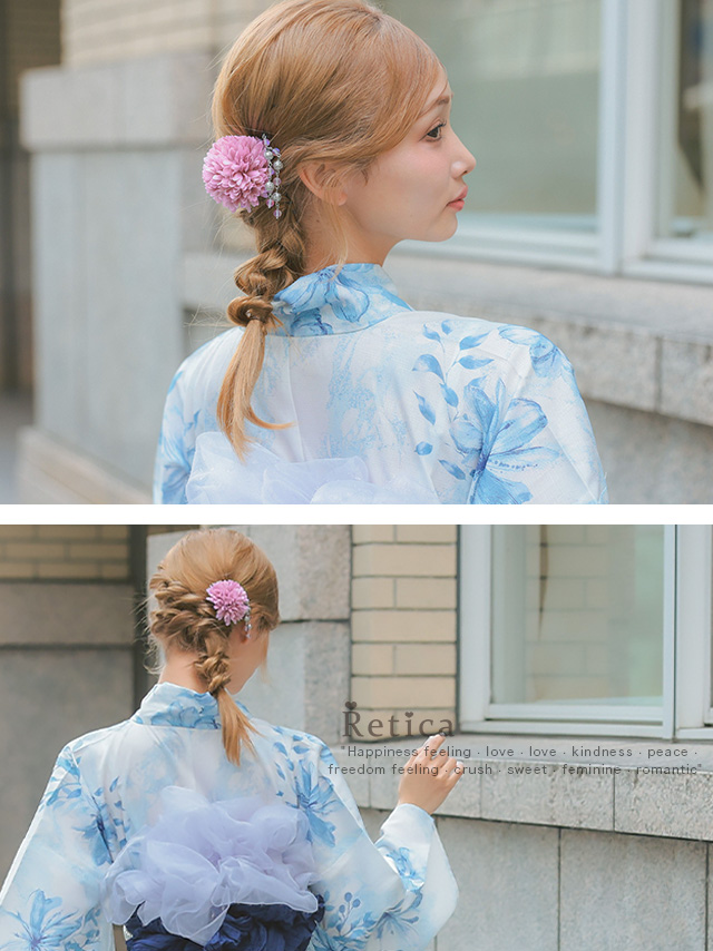浴衣小物 レースリボン付きニュアンスフラワーヘアアクセサリー8点セットのイメージ画像