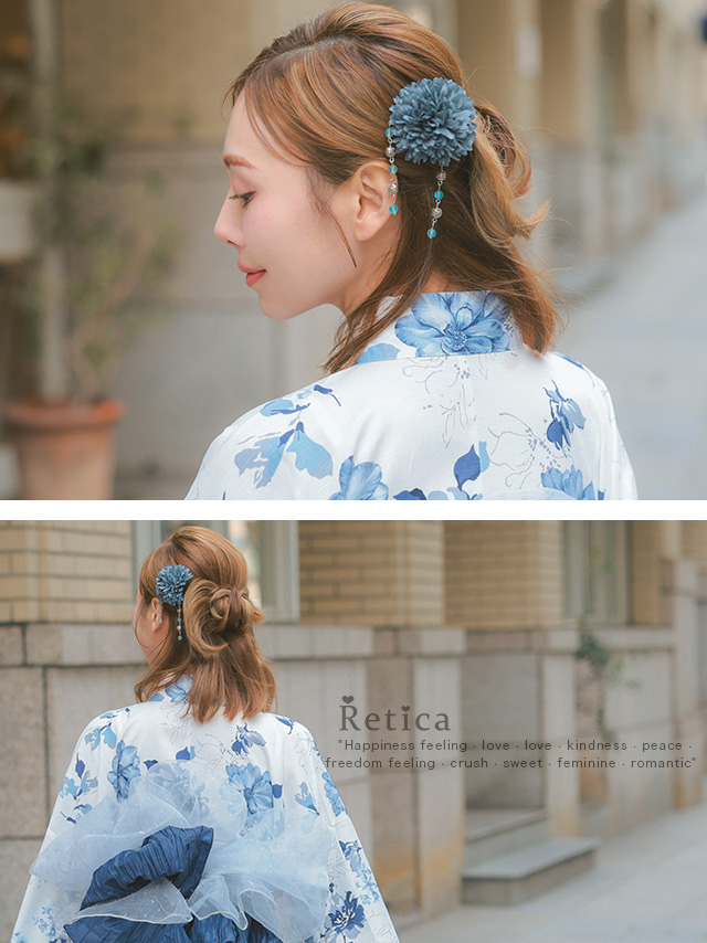 浴衣小物 レースリボン付きニュアンスフラワーヘアアクセサリー8点セットのイメージ画像