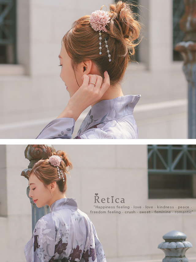 浴衣小物 レースリボン付きニュアンスフラワーヘアアクセサリー8点セットのイメージ画像