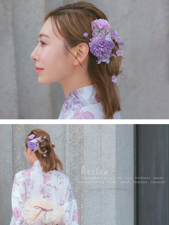浴衣小物 レースリボン付きニュアンスフラワーヘアアクセサリー8点セットのイメージ画像