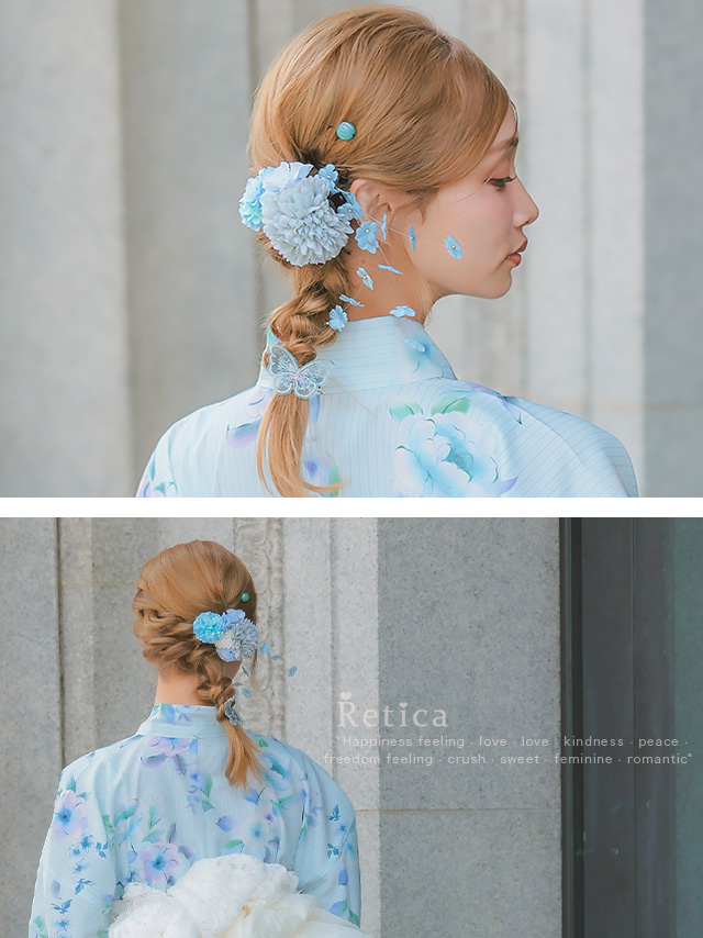 浴衣小物 レースリボン付きニュアンスフラワーヘアアクセサリー8点セットのイメージ画像