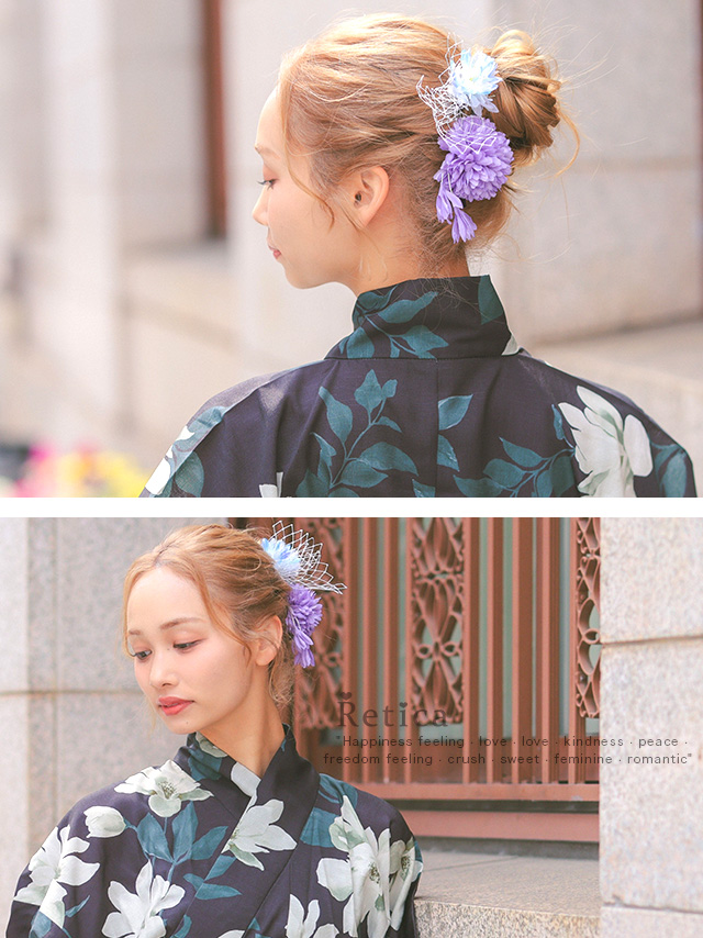  Uピン仕様ネットリボン×花さがり浴衣ヘアアクセサリー4点セットのイメージ画像 