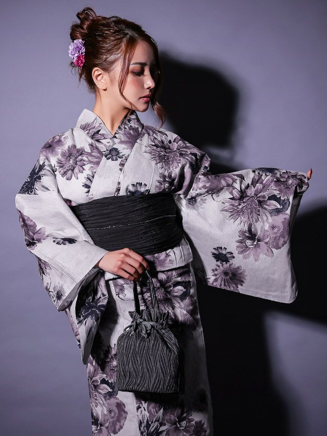 グレー生地ヴィンテージフラワー柄レディース浴衣3点セットのイメージ画像4