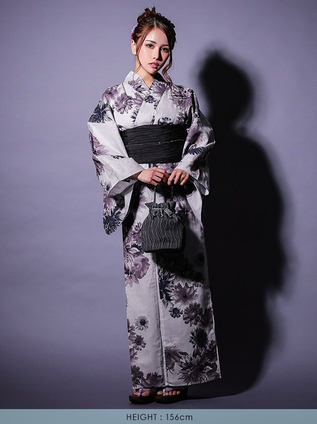 グレー生地ヴィンテージフラワー柄レディース浴衣3点セットのイメージ画像5