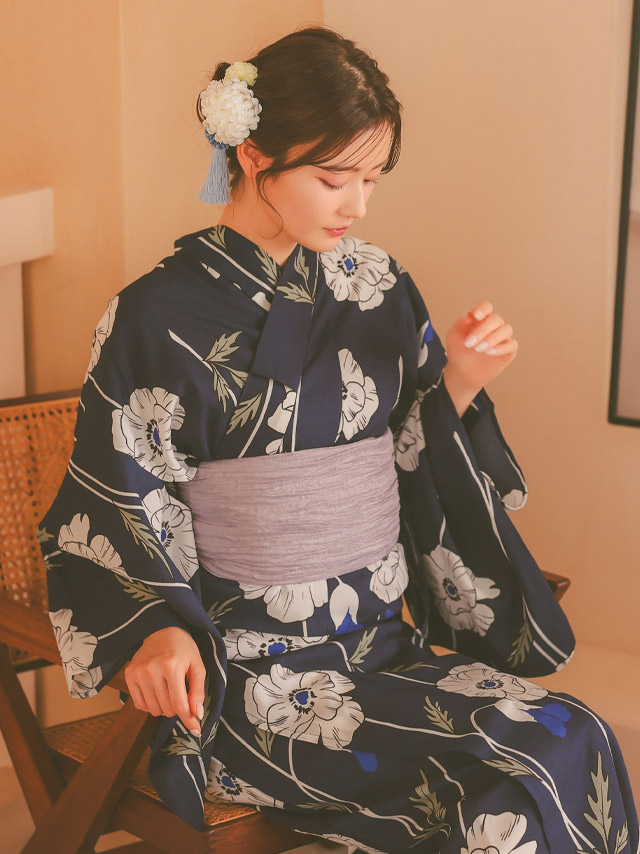 ホワイトポピー柄ネイビー生地 2wayワンピース浴衣 3点セットのイメージ画像3