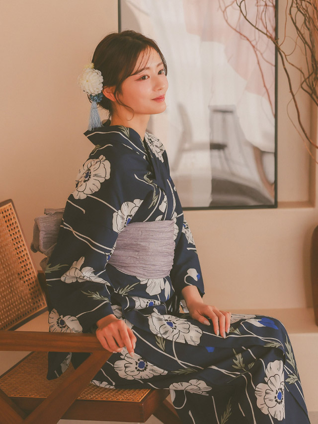 ホワイトポピー柄ネイビー生地 2wayワンピース浴衣 3点セットのイメージ画像4