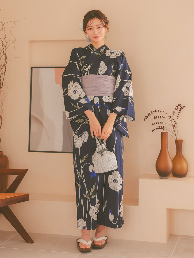 ホワイトポピー柄ネイビー生地 2wayワンピース浴衣 3点セットのフロント画像