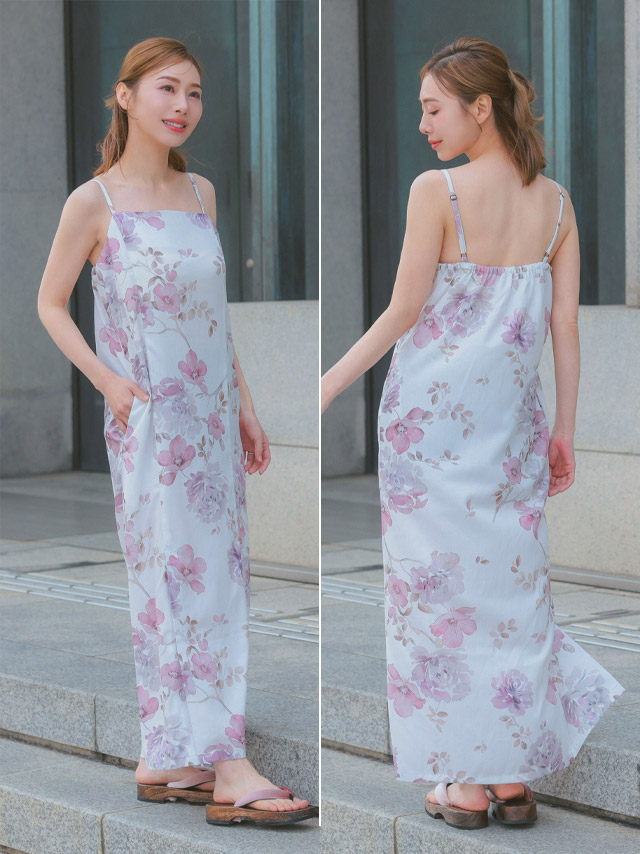 白地にピンク水彩タッチ花柄ガーリー2wayワンピース浴衣3点セットのサイドバック画像